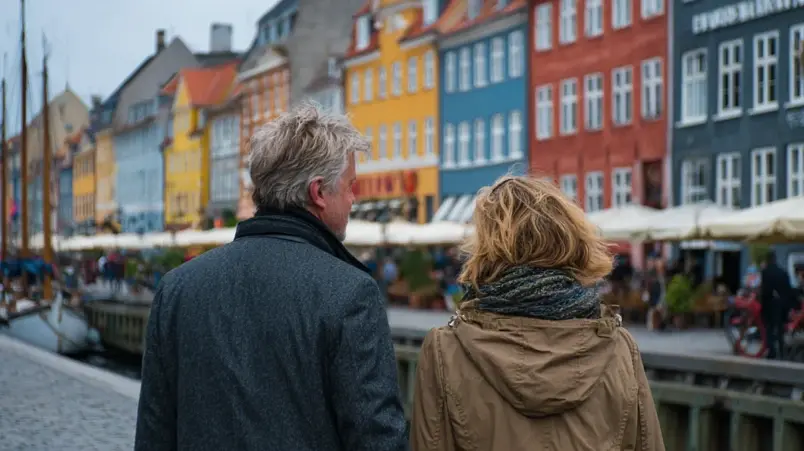 Par som promenerar längs Nyhavn i Köpenhamn under en weekendresa för att fira 25-årig bröllopsdag