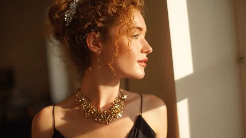 Statement-halsband i guld och kristallhårklämma mot svart klänning