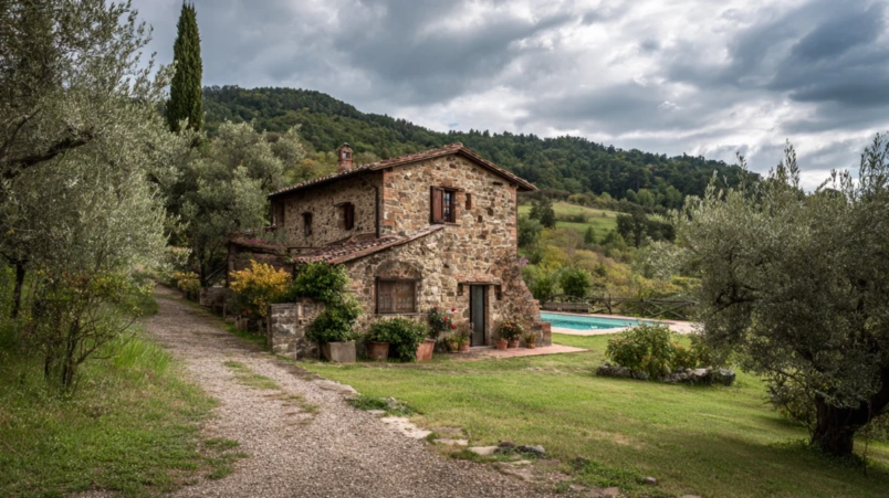 Agriturismo-boende i Toskana omgivet av olivlundar och kullande landskap