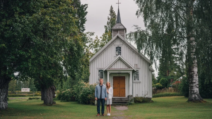 Par som besöker sin bröllopsplats igen och tar nya foton på samma ställe
