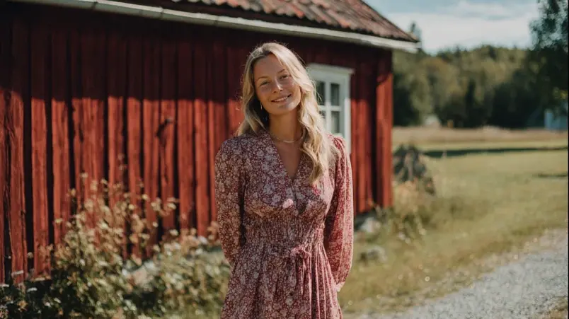 Kvinna i blommig viskosklänning framför en röd ladugård vid ett lantligt sommarbröllop