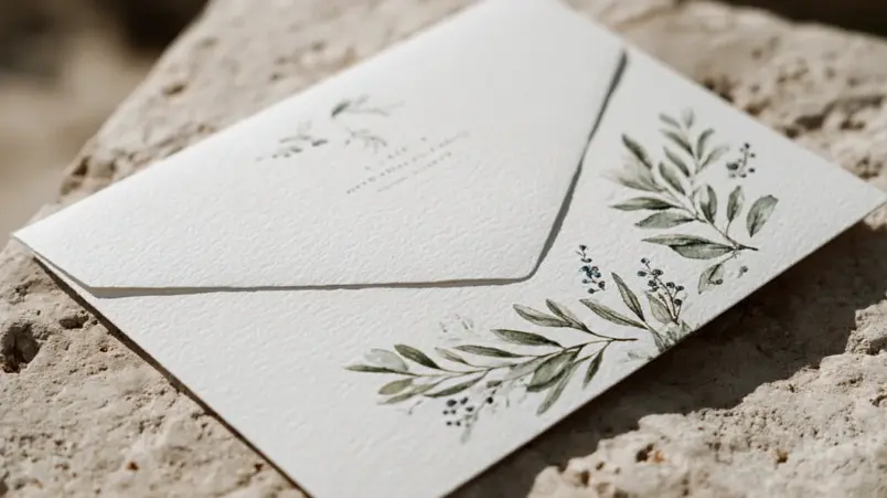 Bröllopsinbjudan med handritade botaniska illustrationer i akvarellstil med olivgröna toner