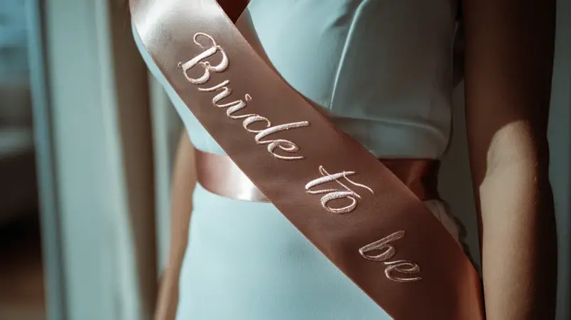 Närbild på Bride to be-ordensband i roséguld över vit klänning