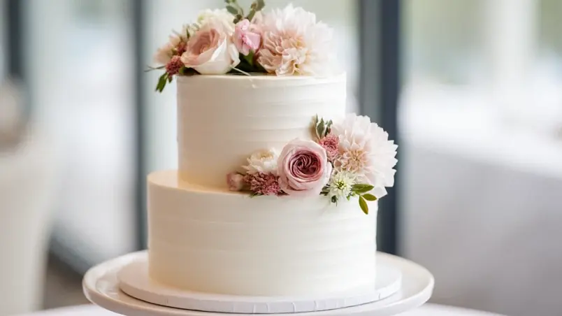 Elegant bröllopstårta i två våningar med smörkräm och färska blommor på ett dukat bröllopsbord