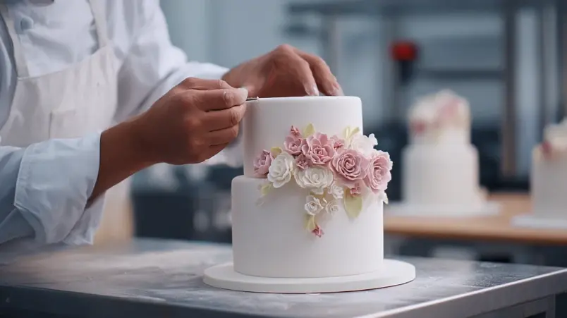Närbild på handgjorda sockerblommor som dekorerar en bröllopstårta med fondant