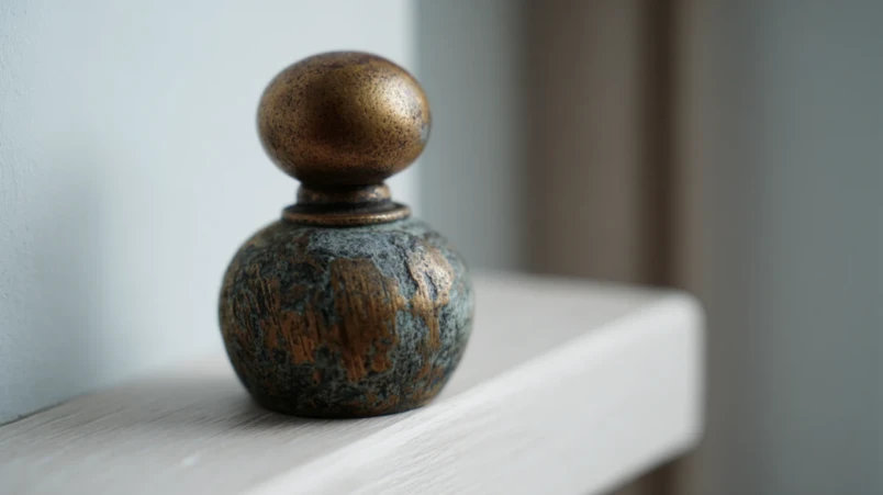 Närbild på bronsföremål som visar materialets karaktäristiska patina och varma ton