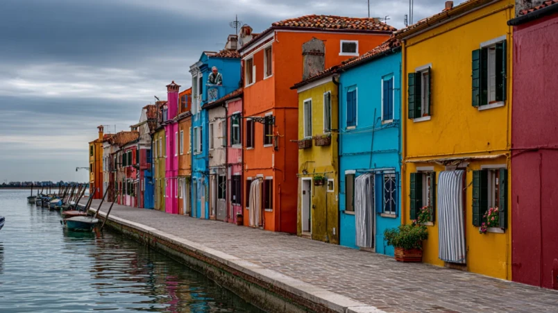 Färgglada hus längs kanalen på Burano utanför Venedig, känd ö för traditionellt spetshantverk