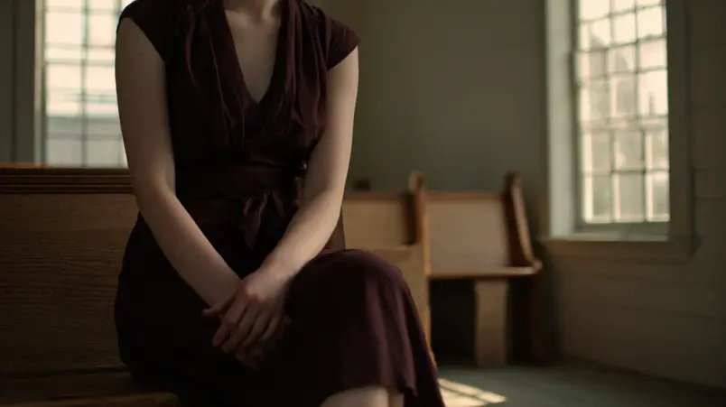 Burgundyfärgad klänning i matt tyg i kyrkbänk