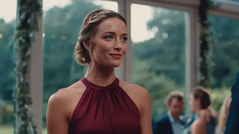 Burgundy midiklänning i crepe på bröllopsgäst vid formell vigsel