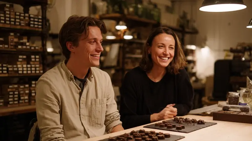 Par vid en chokladprovning med små bitar mörk choklad