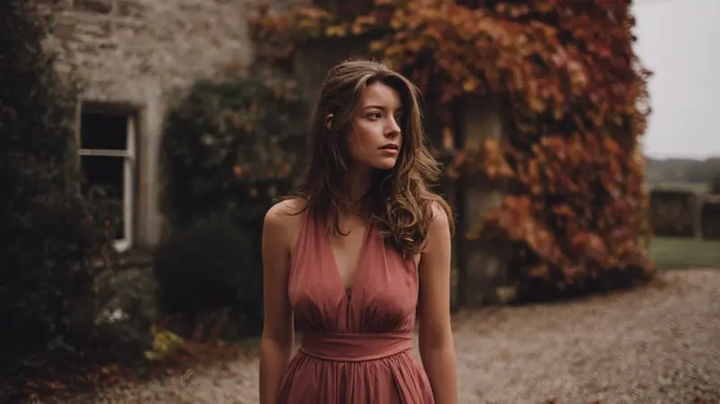 Dusty rose klänning i crêpe på bröllopsgäst vid höstbröllop