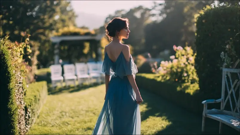 Duvblå klänning i chiffong vid ett somrigt utomhusbröllop i dagsljus