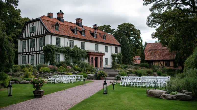 Slott i Skåne med park och korsvirkesstall som bröllopslokal nära Malmö