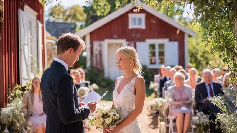 Utomhusvigsel där brudgum läser en kärleksdikt för sin nya fru