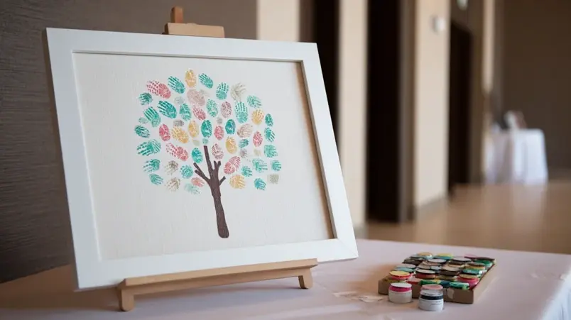 Fingeravtrycksträd på canvas med färgglada avtryck som löv vid ett bröllop