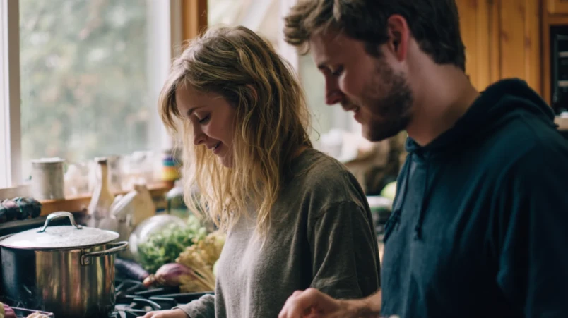 Par som lagar mat tillsammans hemma för att fira 7-årig bröllopsdag