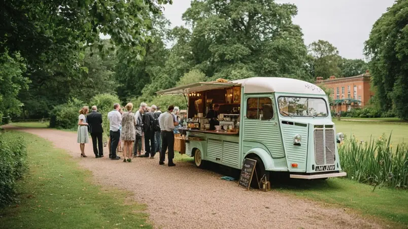 Food truck parkerad utomhus vid ett bröllopsfirande