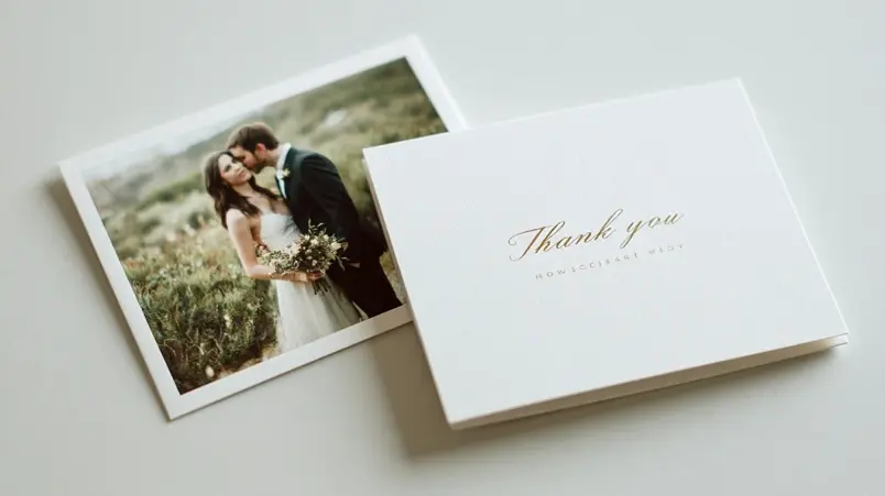 Foto-tackkort med bröllopsbild liggande bredvid ett tryckt kort utan foto för formatjämförelse