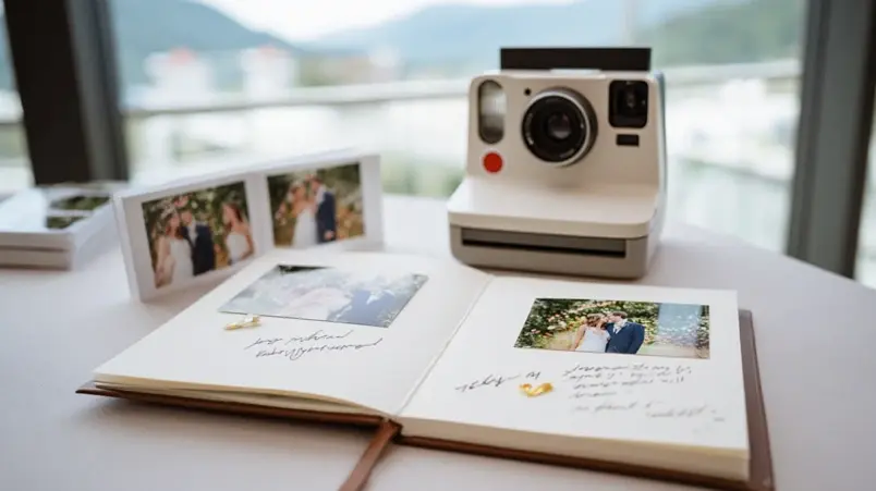 Polaroidkamera bredvid en öppen fotobok med inklistrade bilder vid en bröllopsfotostation