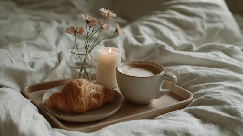 Frukost på sängen med ett ljus och en blomma som enkel gest på bröllopsdagen