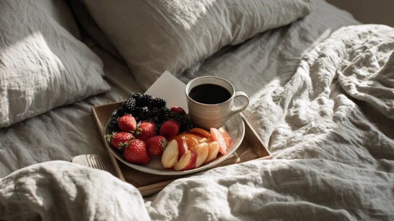 Fruktfrukost på bricka som morgonöverraskning på 4-årig bröllopsdag