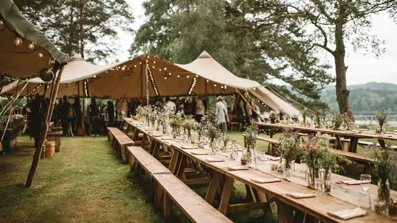 Festtält med dukat bröllopsbord på en glamping-anläggning omgiven av natur