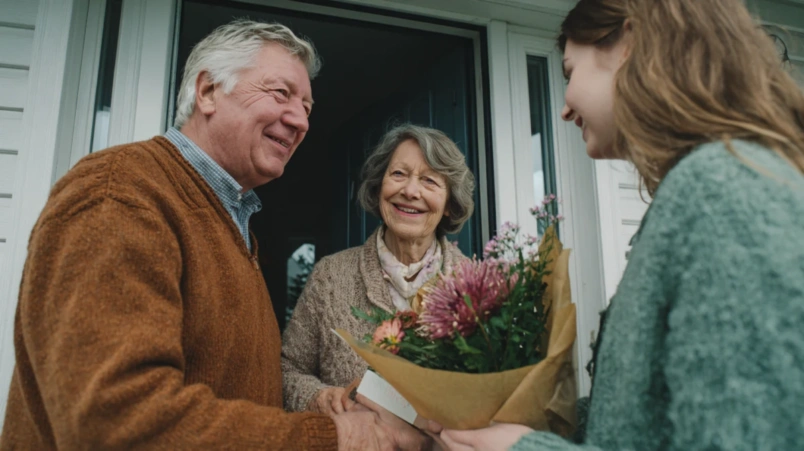 Äldre par som tar emot blommor och kort på sin bröllopsdag från sitt barn