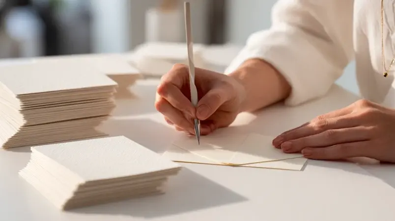 Person som skriver för hand i ett tackkort vid ett bord med flera färdiga kort bredvid