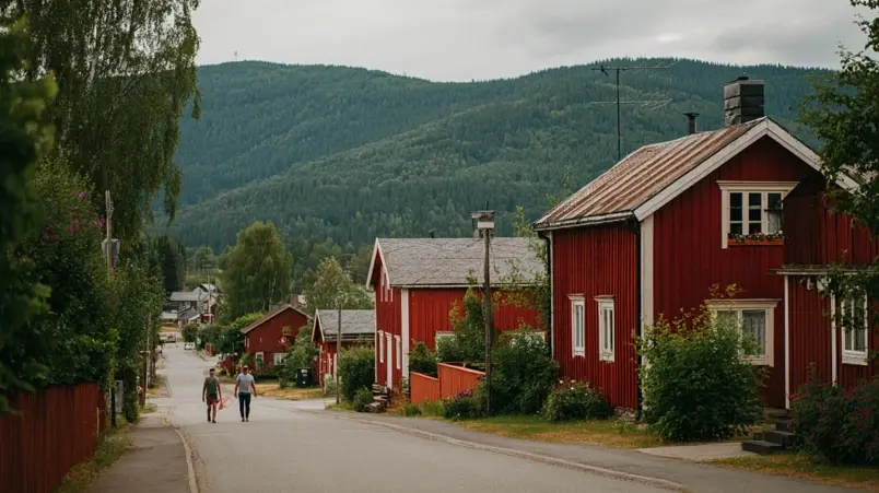 Liten svensk ort med röda trähus och gröna kullar i Dalarna