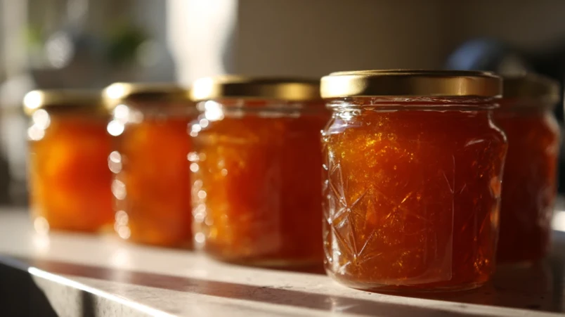 Glasburkar med hemlagad marmelad som present till sockerbröllop