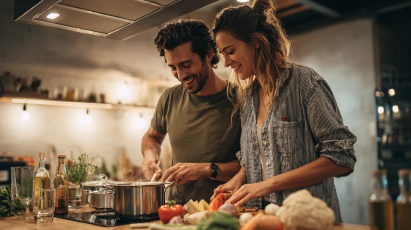 Par lagar mat tillsammans i köket som firande av sin första bröllopsdag