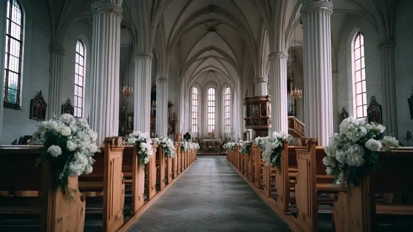 Interiör av en stor svensk kyrka med högt i tak och bänkrader, förberedd för högtidlig vigsel