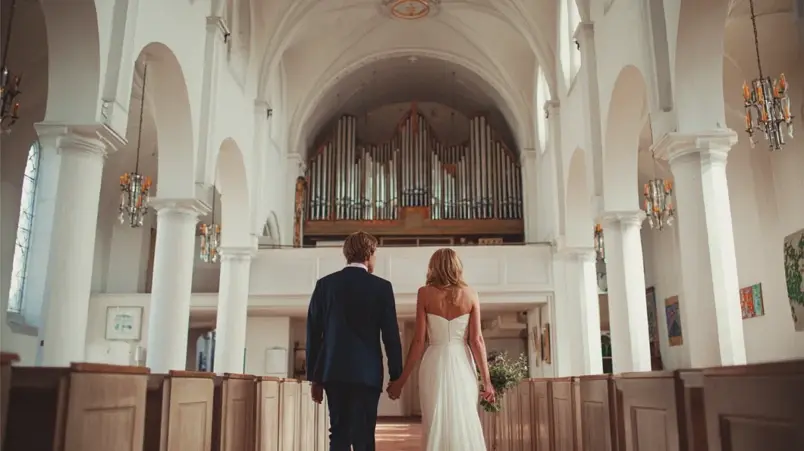 Brudpar går i procession genom mittgången i en svensk kyrka medan orgeln spelar ingångspsalm