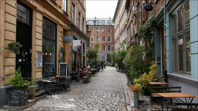 Jægersborggade på Nørrebro i Köpenhamn med små butiker och naturvinsbarer längs gatan