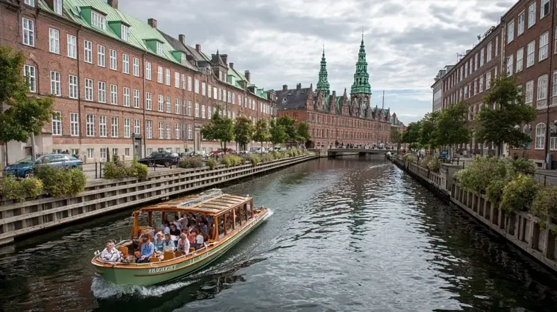 Kanalbåt med passagerare som glider genom Köpenhamns kanaler nära Nyhavn