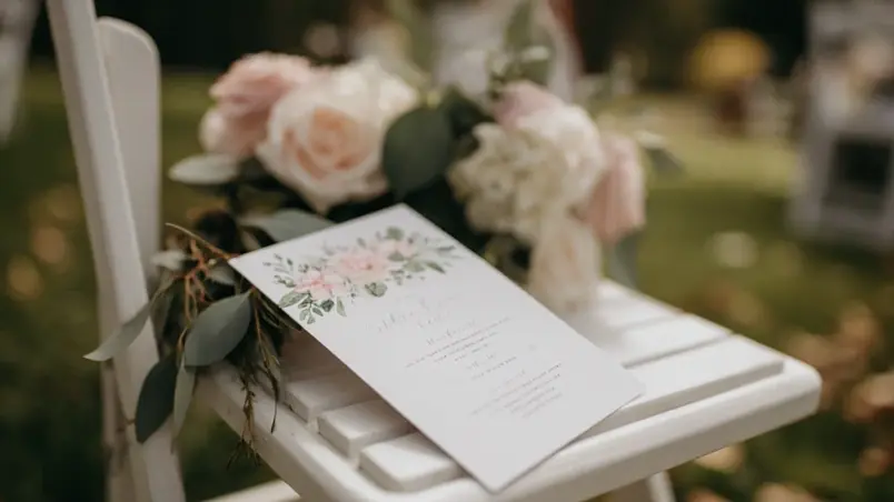 Vigselprogram med tryckt kärlekscitat på en stol vid en bröllopsceremoni