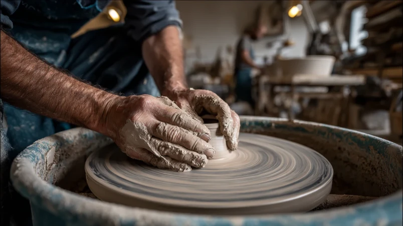 Par som drejar keramik tillsammans på en kvällskurs, firande av 8-årig bröllopsdag