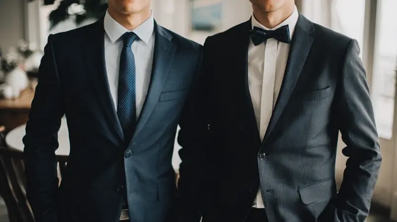 Man i mörk kostym med kravatt bredvid man med fluga