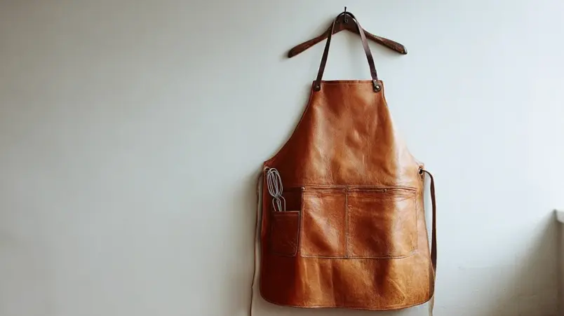 Tjockt läderförkläde i nötskinn hänger på en krok i ett kök
