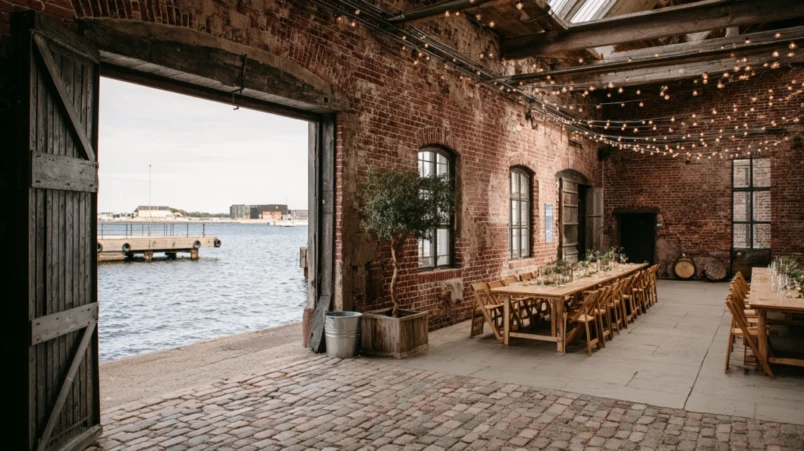Ombyggt magasin vid Limhamns hamn med tegelväggar och kajkant för bröllopsfest
