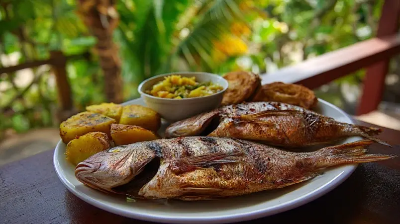 Kreolsk grillad fisk med breadfruit på en tallrik vid restaurang på Mahé