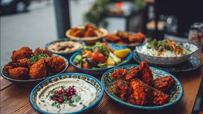 Färgglada mezzetallrikar och streetfood-rätter på ett bord vid Möllevångstorget i Malmö