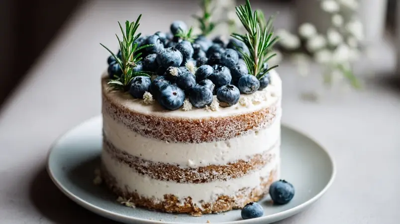 Naked cake-bröllopstårta med synliga sockerkakslager, tunn grädde och färska blåbär på toppen