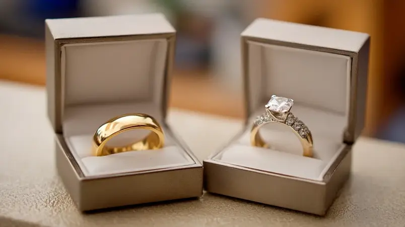 Diamantring och vanlig enkel guldring i varsin box