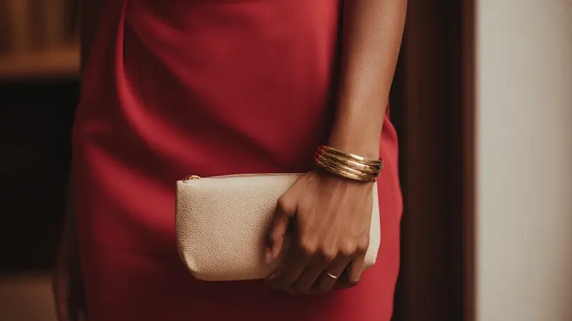 Beige clutch och diskreta guldsmycken bredvid röd klänning