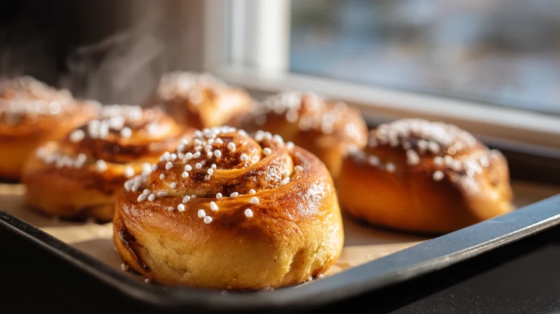 Nybakade kanelbullar med pärlsocker på en plåt, passande för frukost på sängen