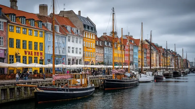 Nyhavns färgglada husfasader och kanal i Köpenhamn sedd från kajkanten