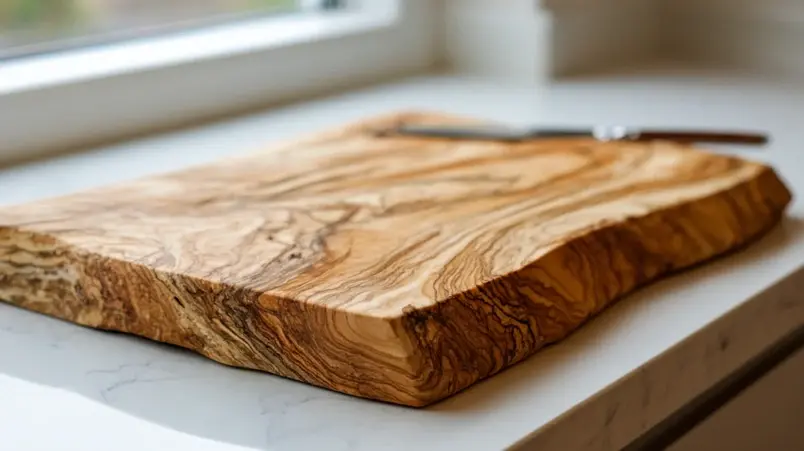 Tjock olivträ-skärbräda med synlig ådring som bröllopspresent runt 400–500 kr
