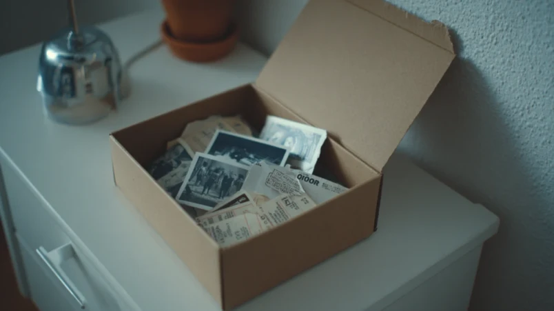 Tidskapsel med biobiljetter, boardingkort och utskrivna foton samlade i en ask som tradition för pappersbröllopet