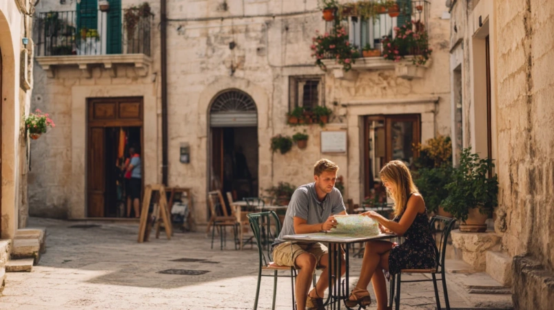 Par som planerar bröllopsresa i Italien med karta och resmål att välja mellan
